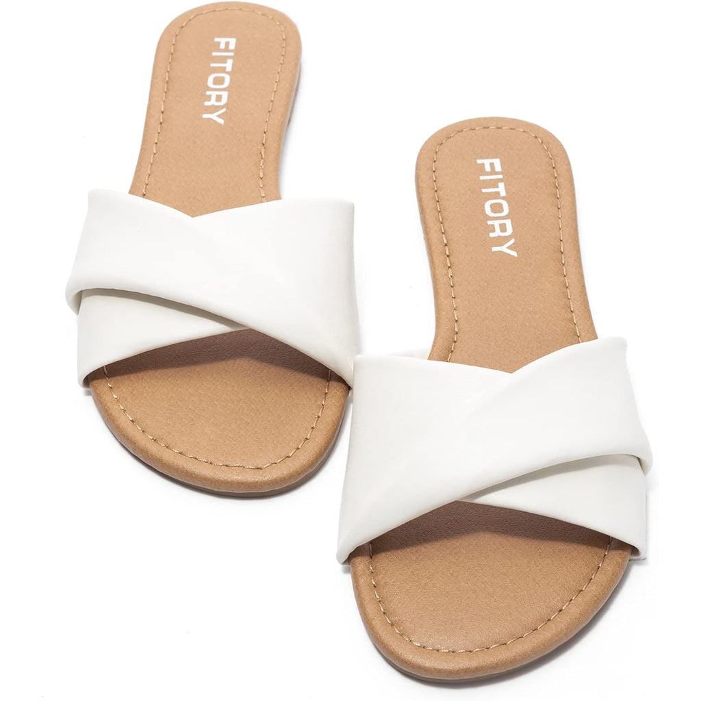 Fitory Women'S Flat Sandals Fashion Slides With Soft Leather Slippers For Summer Size 6-11