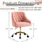 Mojay Velvet Home Office Desk Chair, Vanity Chair With Wheels Pretty Fancy Gold 360°Swivel Height Adjustable Office Chairs For Girls Home Offices, Bedrooms, Living Room (Pink)