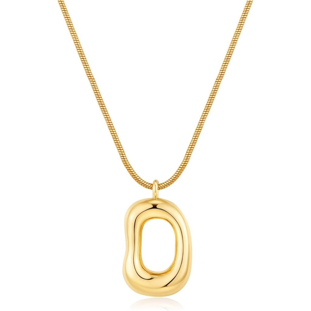 Gold Tone Irregular Oval Pendant Necklace for Women, Minimalist Chunky Snake Chain Necklace, Dainty 14K Gold Plated Statement Long Necklace