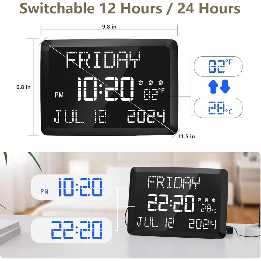 Digital Clock, 11.5" Large Display Calendar Clock With Day And Date, Indoor Temperature, Adjustable Brightness, Snooze,12/24H, Dst For Home, Office, Elderly