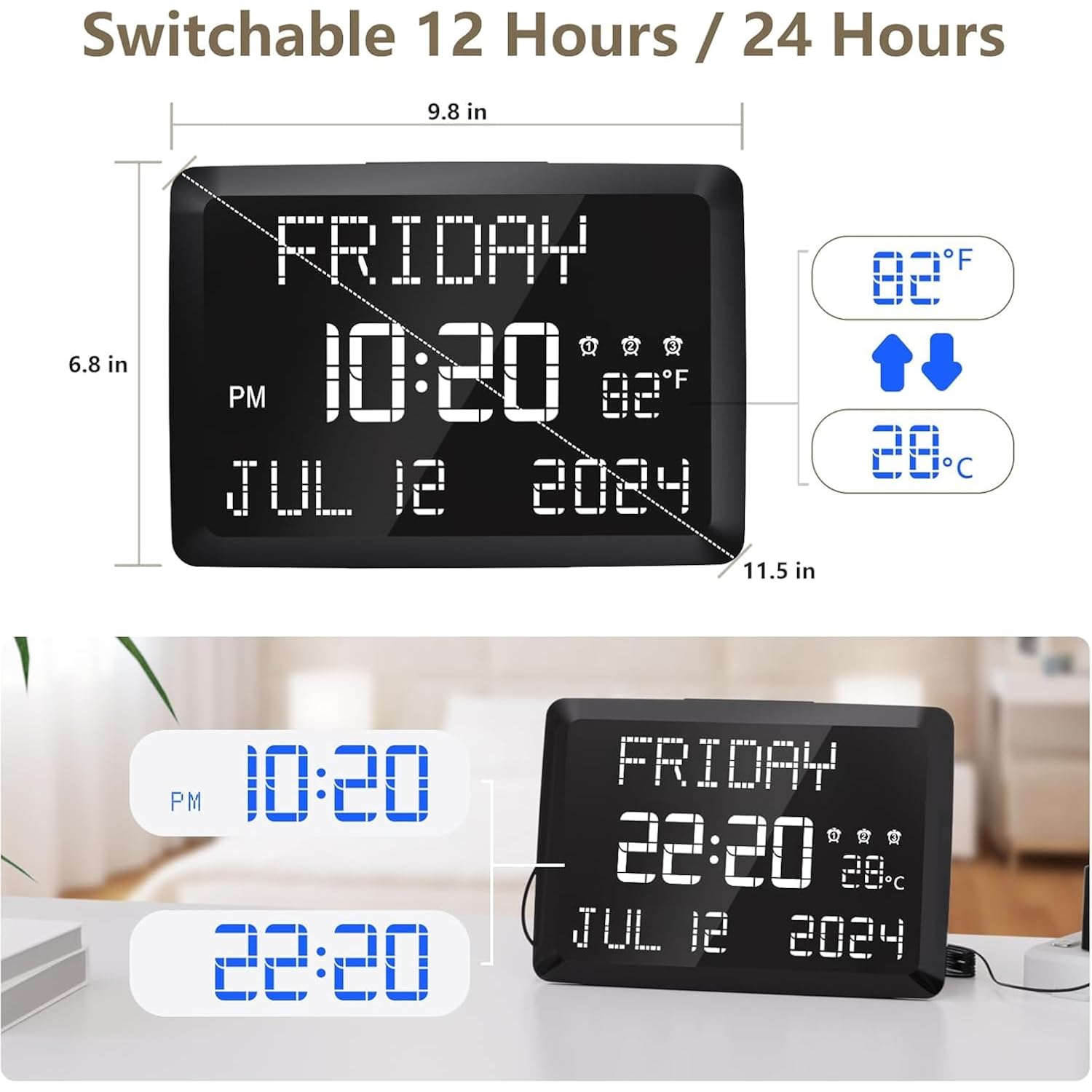 Digital Clock, 11.5" Large Display Calendar Clock With Day And Date, Indoor Temperature, Adjustable Brightness, Snooze,12/24H, Dst For Home, Office, Elderly
