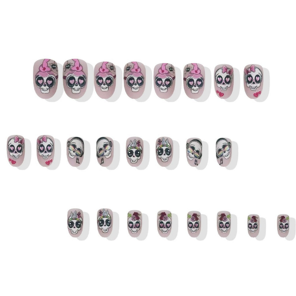24 Pcs Halloween Press on Nails Short Almond Fake Nail with Cute Skull Flower and heart Designs Full Cover Pink Acrylic Nails Matte Halloween Stick on Nail for Women Nail Manicure Decoration