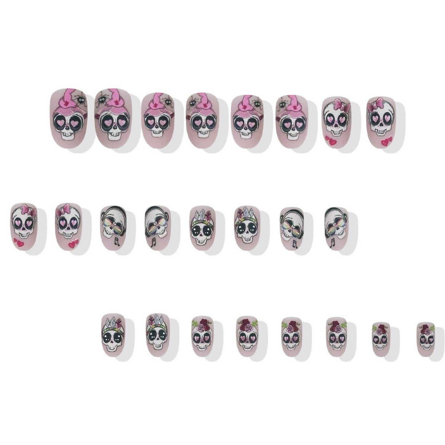 24 Pcs Halloween Press on Nails Short Almond Fake Nail with Cute Skull Flower and heart Designs Full Cover Pink Acrylic Nails Matte Halloween Stick on Nail for Women Nail Manicure Decoration