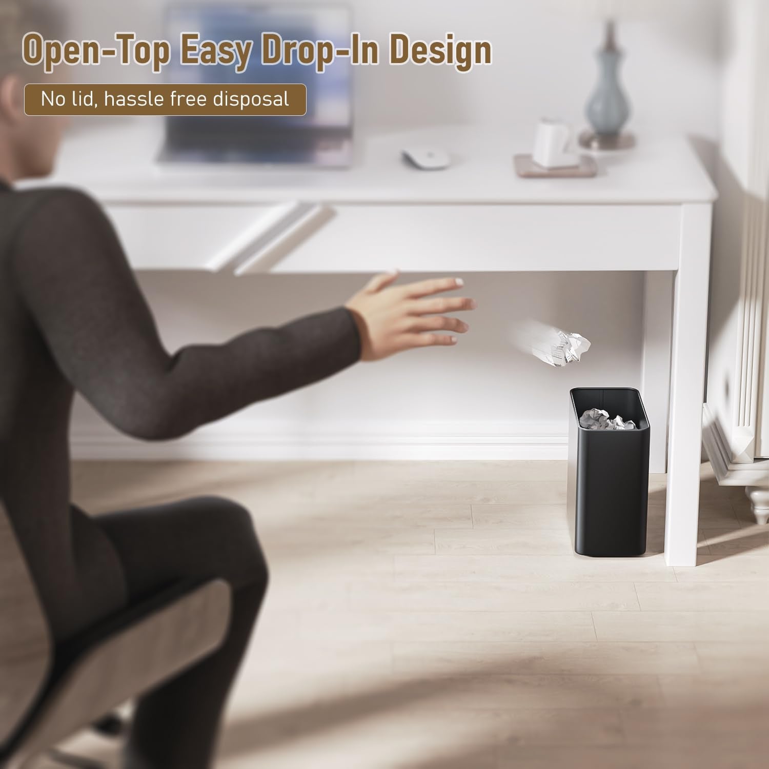 Small Bathroom Trash Can 2.4 Gallon Wastebasket, Slim Metal Garbage Can Matte Black Stainless Steel Trash Bin For Bedroom,Office,Kitchen,Toilet, Rv, Near Desk, Under Sink