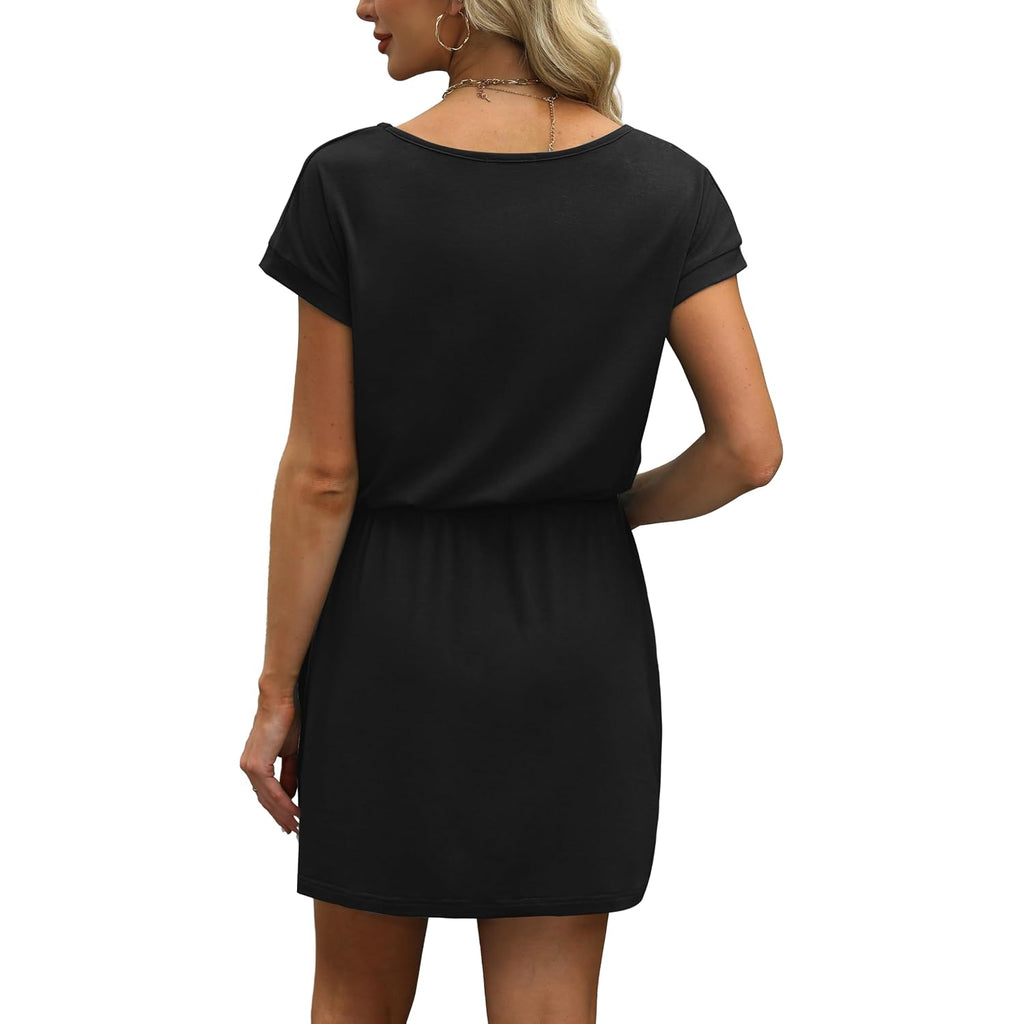 Ofeefan Summer Dresses For Women 2026 V Neck T Shirt Casual Mini Dresses Tie Waist Sundresses With Pockets