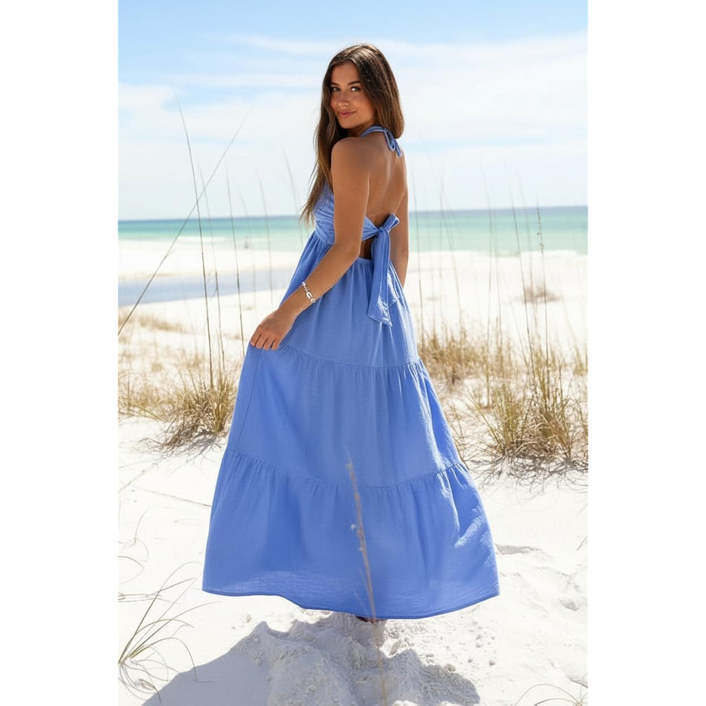 Women'S Casual Halter Tiered Vacation Maxi Dress With Pockets