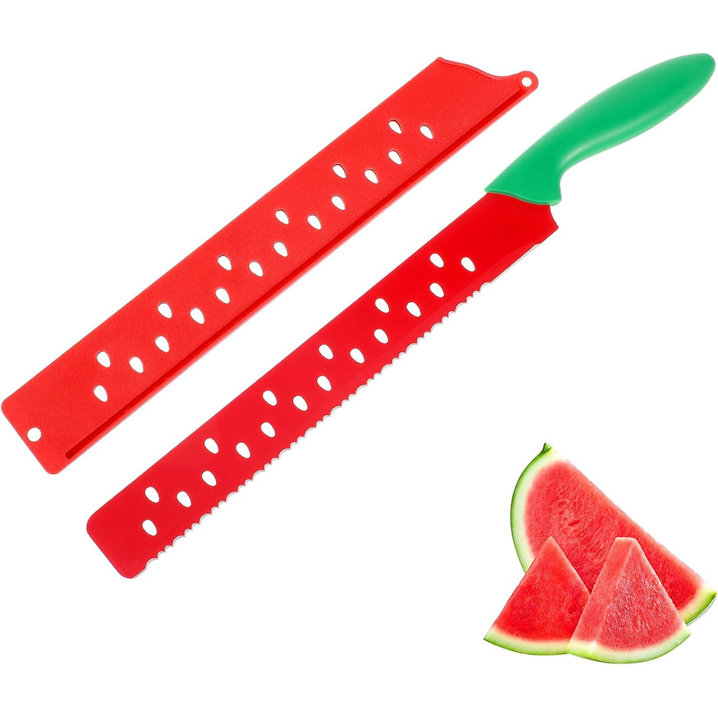 Watermelon Knife With Sleeve For Melon Cutting, Long Serrated Bread Lettuce Vegetable Knife, Kitchen Fruit Melon Tomato Cutter Slicer, With Cover For Home Summer Party Camping Outdoor (Red Green)