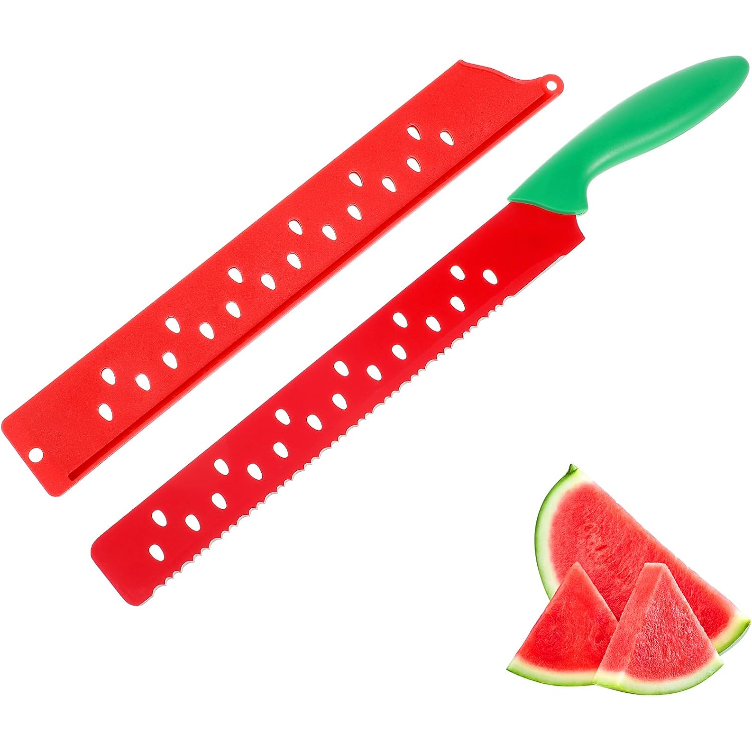 Watermelon Knife With Sleeve For Melon Cutting, Long Serrated Bread Lettuce Vegetable Knife, Kitchen Fruit Melon Tomato Cutter Slicer, With Cover For Home Summer Party Camping Outdoor (Red Green)