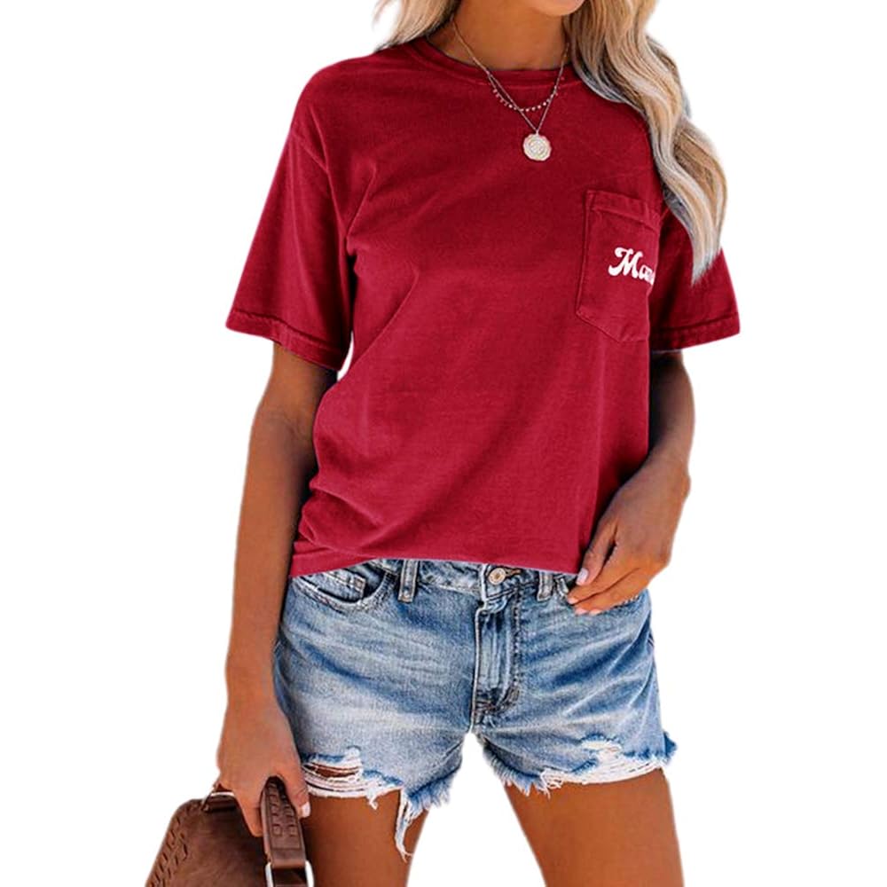 NIUBIA Women's Letter Print Basic Crew Neck Tee Summer Short Sleeve T-Shirt with Pockets Loose Fitting Tops Red Wine