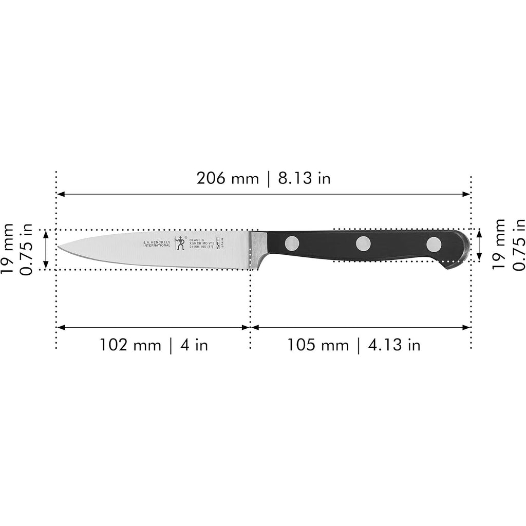 Henckels Classic 4-Inch Paring Knife, Razor-Sharp, German Engineered | Fully Forged Construction Provides Balance With Traditional Triple-Rivet Handles Enables Comfortable Easy Cutting.