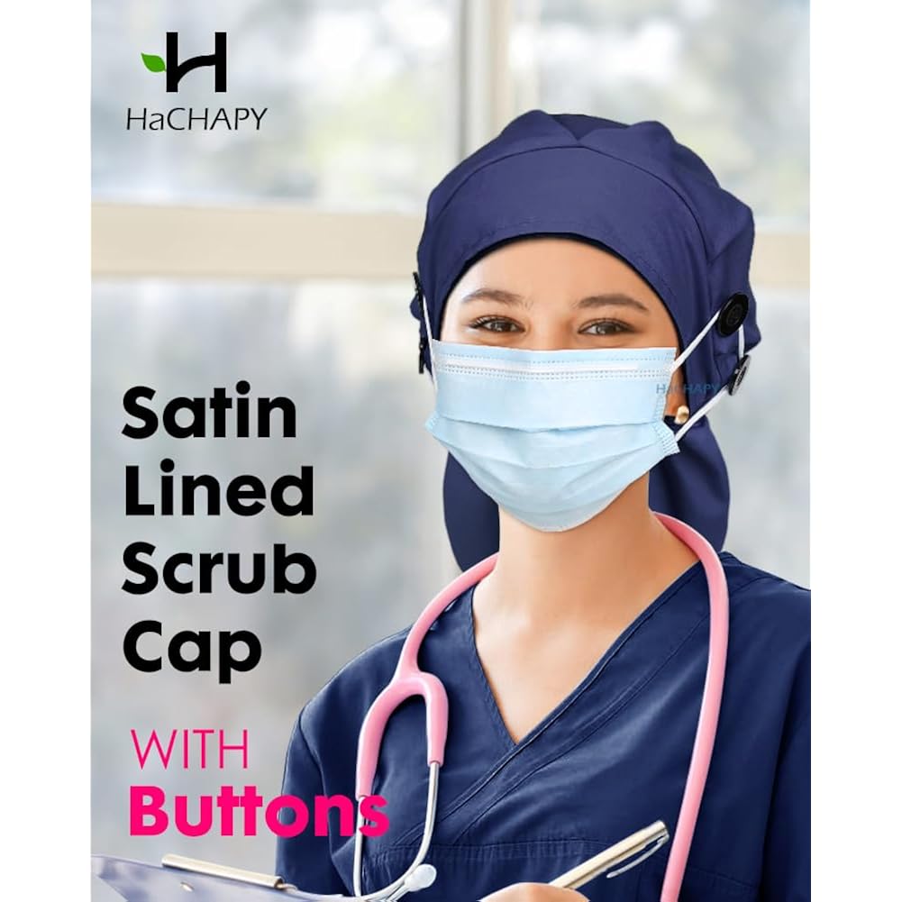 Large Satin Lined Scrub Cap For Women Long Hair Nurse Head Cap Surgical Bonnet 4 Buttons