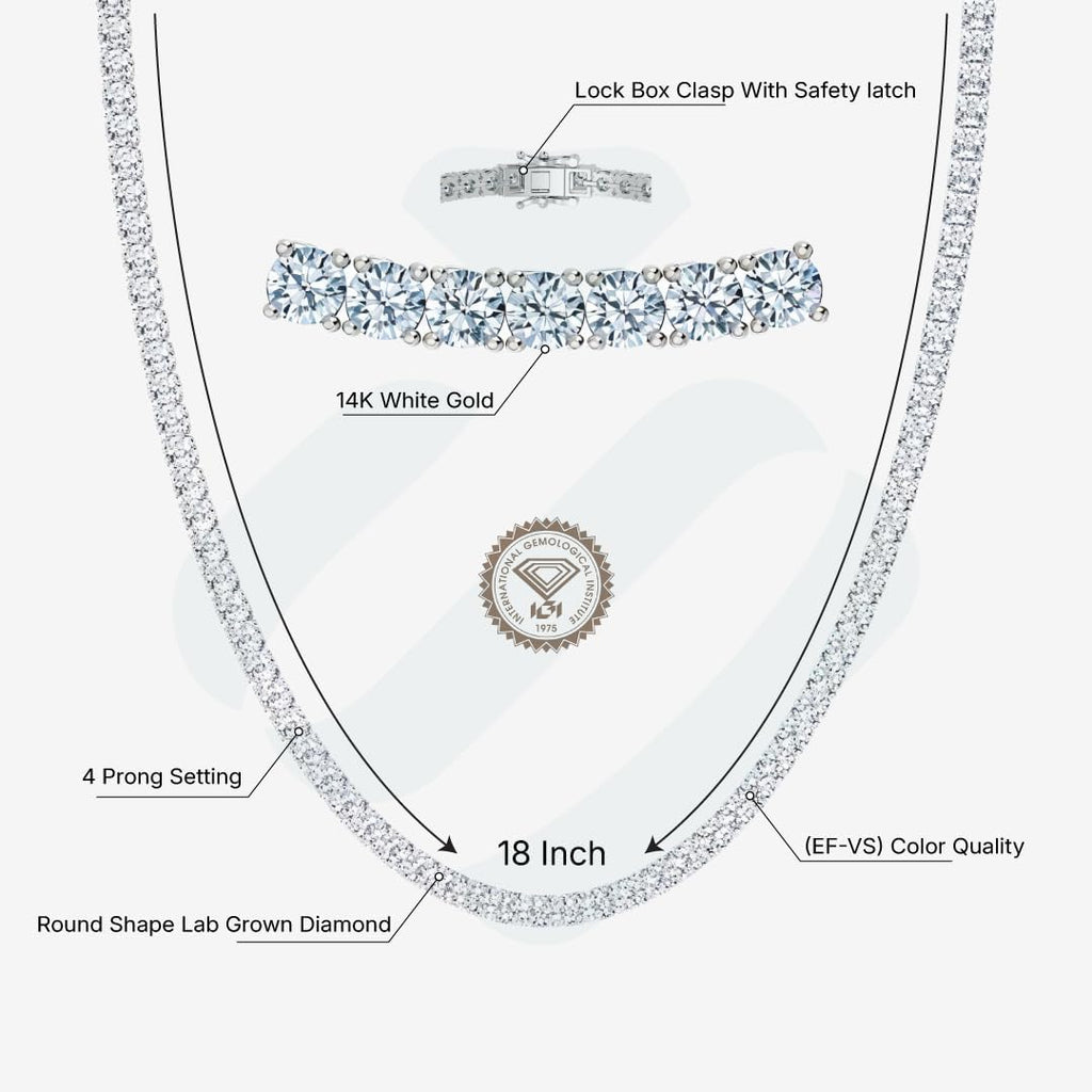 IGI Certified 5.00-15.00 Carat Lab Grown Diamond Tennis Necklace for Women 14k White Gold Prong Setting Gift Box Packaging (E-F Color, VS1-VS2 Clarity) (18 Inches)