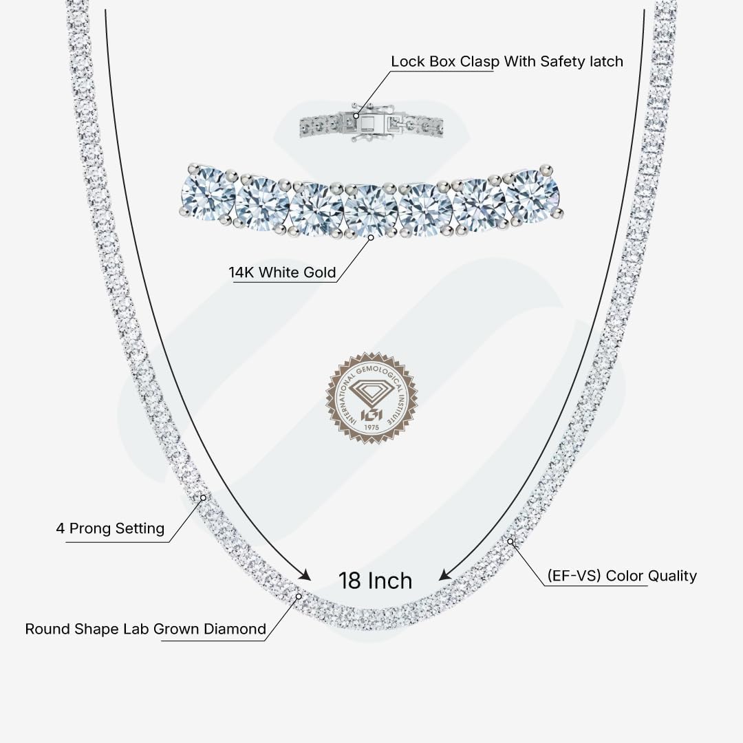 IGI Certified 5.00-15.00 Carat Lab Grown Diamond Tennis Necklace for Women 14k White Gold Prong Setting Gift Box Packaging (E-F Color, VS1-VS2 Clarity) (18 Inches)