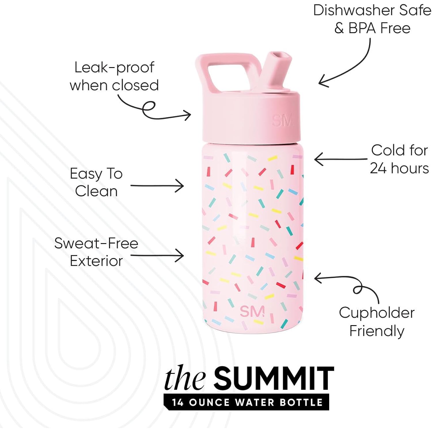 Simple Modern Kids Water Bottle With Straw Lid | 14Oz Insulated Stainless Steel Kids Tumbler & Spill Proof Toddler Cup For School, Girls, Boys | Summit | Confetti