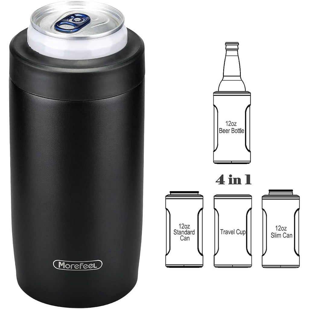 Morefeel 4-In-1 Insulated Can Cooler For 12 Oz Cans & Bottles | 304 Stainless Steel Can Holder Fits 12 Oz Slim Cans, Standard Cans, Beer Bottles & Works As A Open Cup; Dishwasher Safe