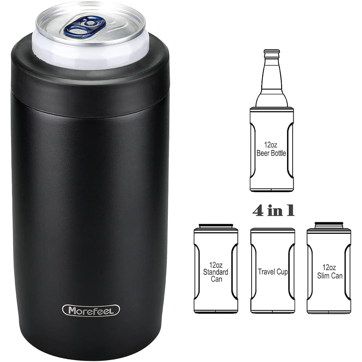 Morefeel 4-In-1 Insulated Can Cooler For 12 Oz Cans & Bottles | 304 Stainless Steel Can Holder Fits 12 Oz Slim Cans, Standard Cans, Beer Bottles & Works As A Open Cup; Dishwasher Safe