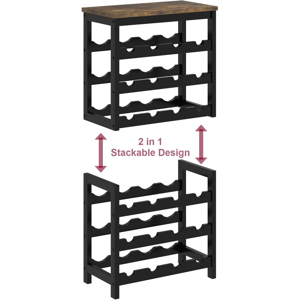24 Bottles Wine Rack Freestanding Floor, Brown Table Top, Kitchen Cellar | Flexible 2-In-1 Design: Split Into Two 12-Bottle Countertop Wine Racks
