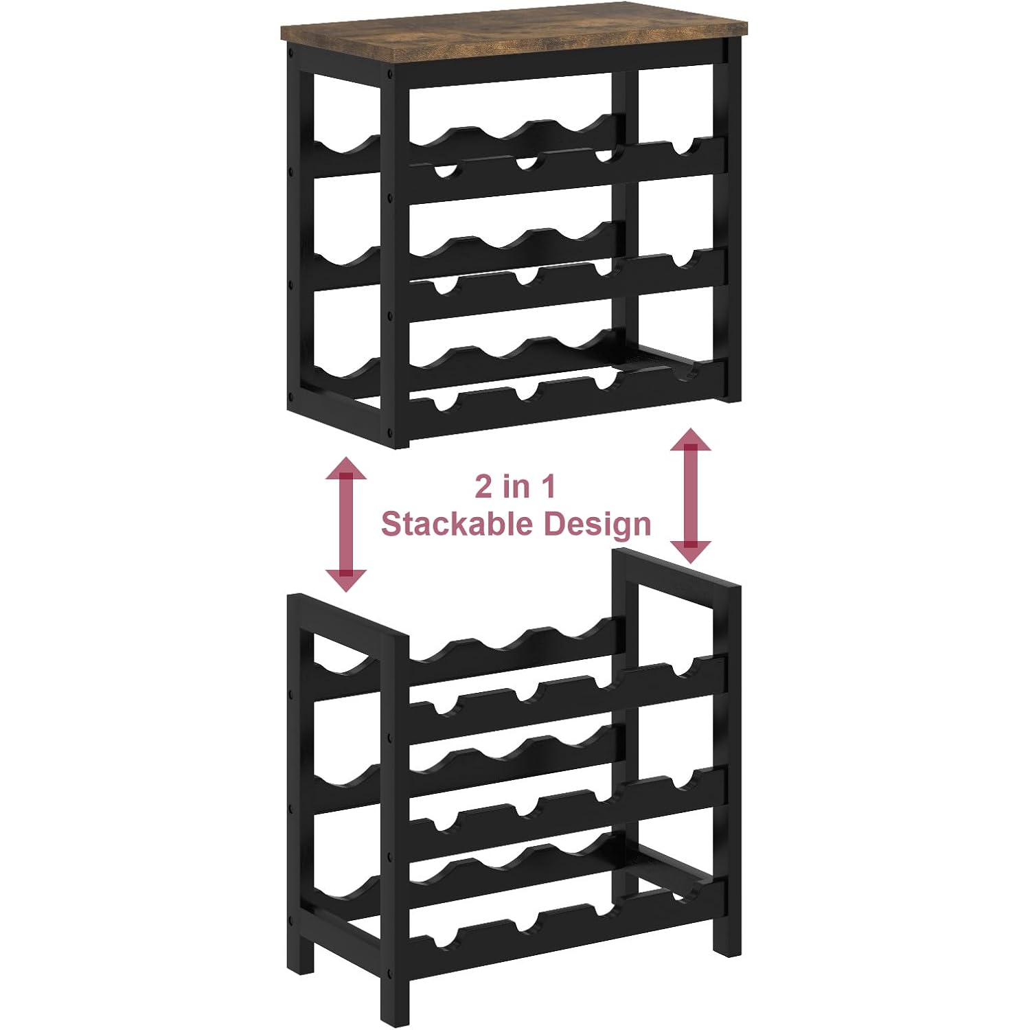 24 Bottles Wine Rack Freestanding Floor, Brown Table Top, Kitchen Cellar | Flexible 2-In-1 Design: Split Into Two 12-Bottle Countertop Wine Racks