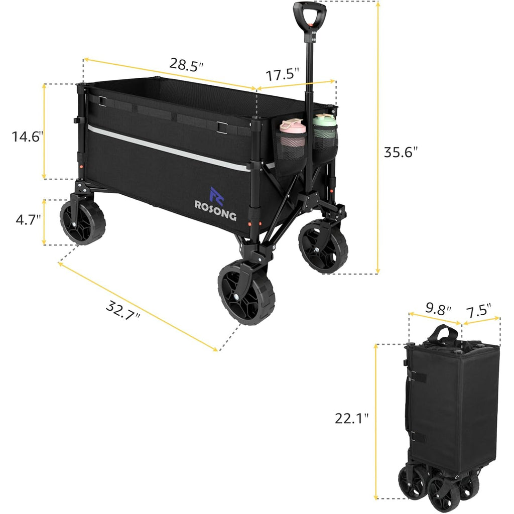 Rosong Collapsible Wagon Cart With Wheels Foldable - Folding Utility Heavy Duty Wagons Carts For Grocery Sports Garden Shopping Camping Wheelbarrows (Black, 120L)