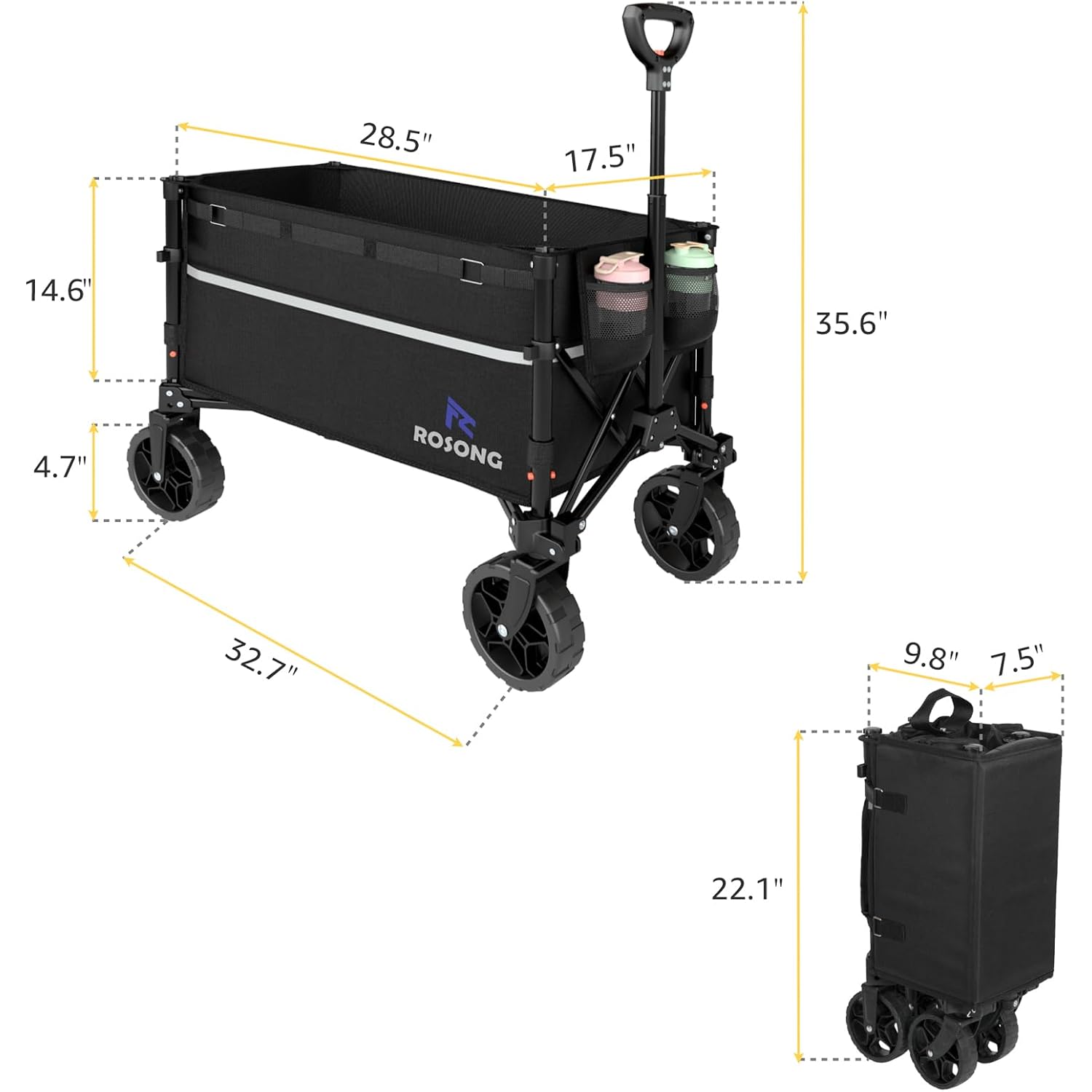 Rosong Collapsible Wagon Cart With Wheels Foldable - Folding Utility Heavy Duty Wagons Carts For Grocery Sports Garden Shopping Camping Wheelbarrows (Black, 120L)