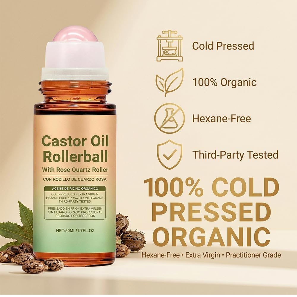 2Pcs Castor Oil With Rose Quartz Roller - 100% Cold Pressed Moisturizing Oil With Rose Quartz Roller Ball For Face And Body, Hair, Eyebrows, Moisturize Skin