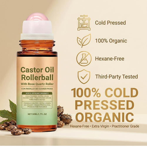2Pcs Castor Oil With Rose Quartz Roller - 100% Cold Pressed Moisturizing Oil With Rose Quartz Roller Ball For Face And Body, Hair, Eyebrows, Moisturize Skin