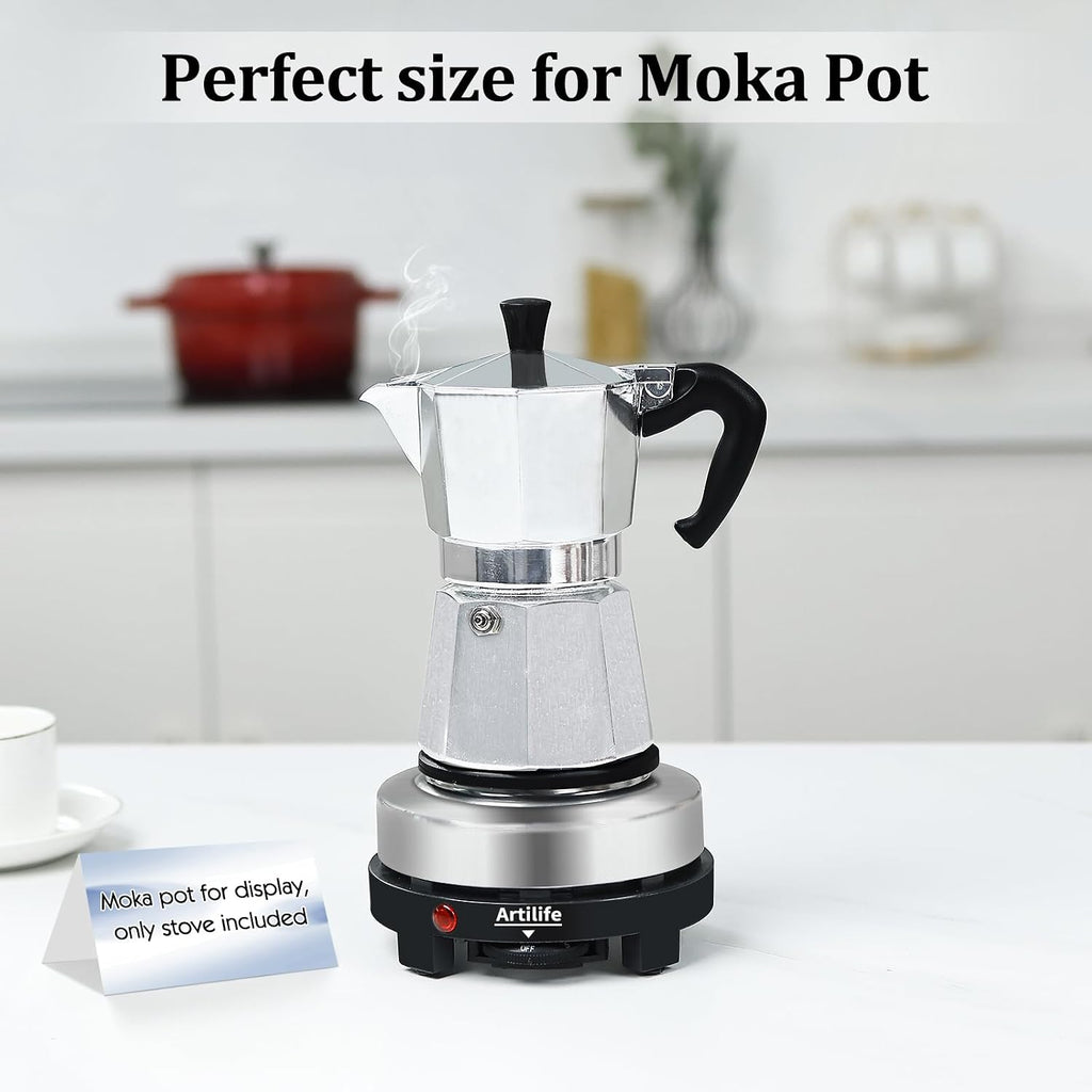 Artilife 500W Mini Electric Hot Plate - Moka Pot Special, 110V Compact Rv Camping Stove, 4" Cast Iron Burner For Coffee, Low Wattage Portable (Silver)