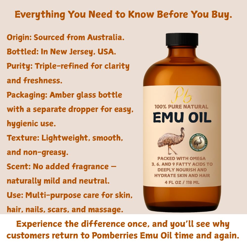 Pomberries Emu Oil, 100% Pure Australian Emu Oil – Refined & Unscented – Natural Moisturizer For Hair, Skin, Face & Body – Helps With Scars, Dry Skin & Massage – 4 Fl Oz Glass Bottle