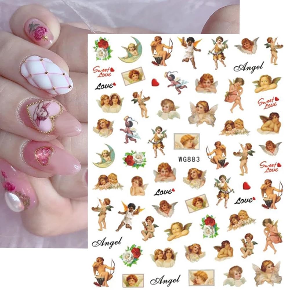 Cupid Angel Nail Art Stickers Cupid Nail Decals 8 Sheets 3D Self Adhesive Angel Design Nail Stickers Valentine's Day Nail Stickers Nail Charms Supplies Decoration for Women Acrylic DIY Manicure Tips