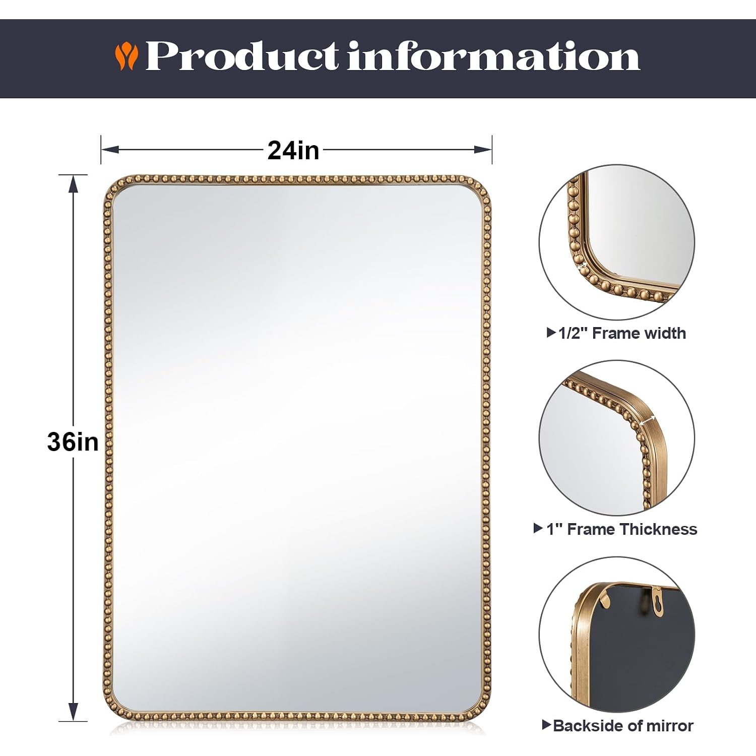 24"X36" Champagne Bronze Mirrors For Bathroom, Brass Vintage Bathroom Wall Mirror With Beaded Frame, Gold Beaded Mirror For Vanity Ornate Bedroom