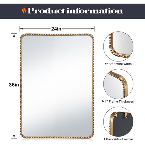 24"X36" Champagne Bronze Mirrors For Bathroom, Brass Vintage Bathroom Wall Mirror With Beaded Frame, Gold Beaded Mirror For Vanity Ornate Bedroom