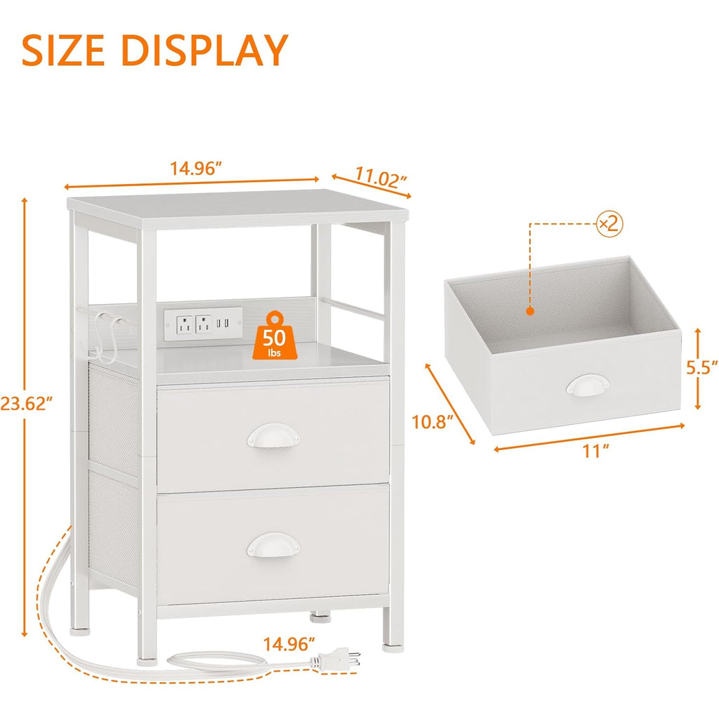 Furologee End Table with Charging Station, Nightstand with Fabric Drawers, Side Tables with USB Ports & Outlets, Night Stand with Storage Shelf & Hooks, for Living Room/Bedroom, White