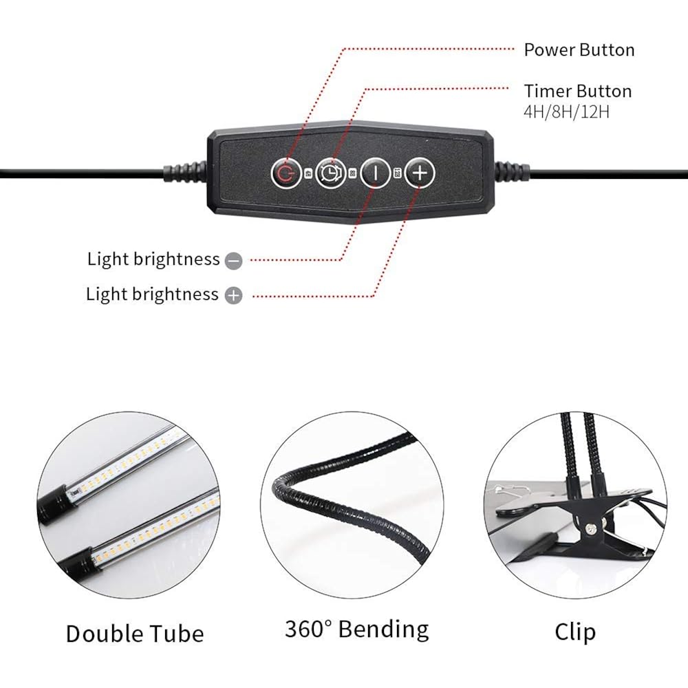 Led Grow Light,6000K Full Spectrum Clip Plant Growing Lamp With White Red Leds For Indoor Plants,5-Level Dimmable,Auto On Off Timing 4 8 12Hrs