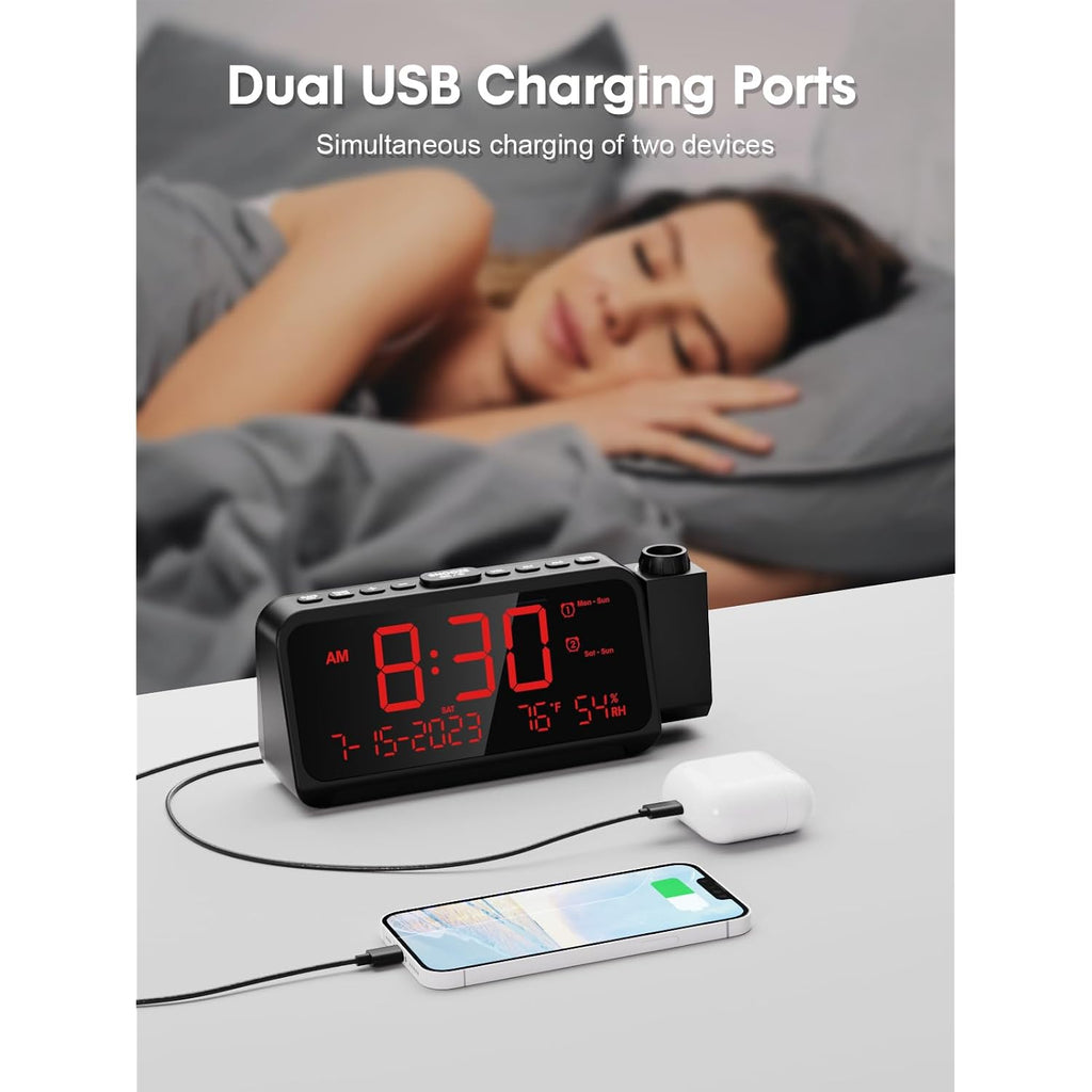 Projection Alarm Clock With 180° Ceiling Projector & Digital Display | 5-Level Dimmer, Dual Alarms, Night Light, Temp & Humidity Display, Weekday/Weekend Mode, Dst, Snooze Function For Bedroom
