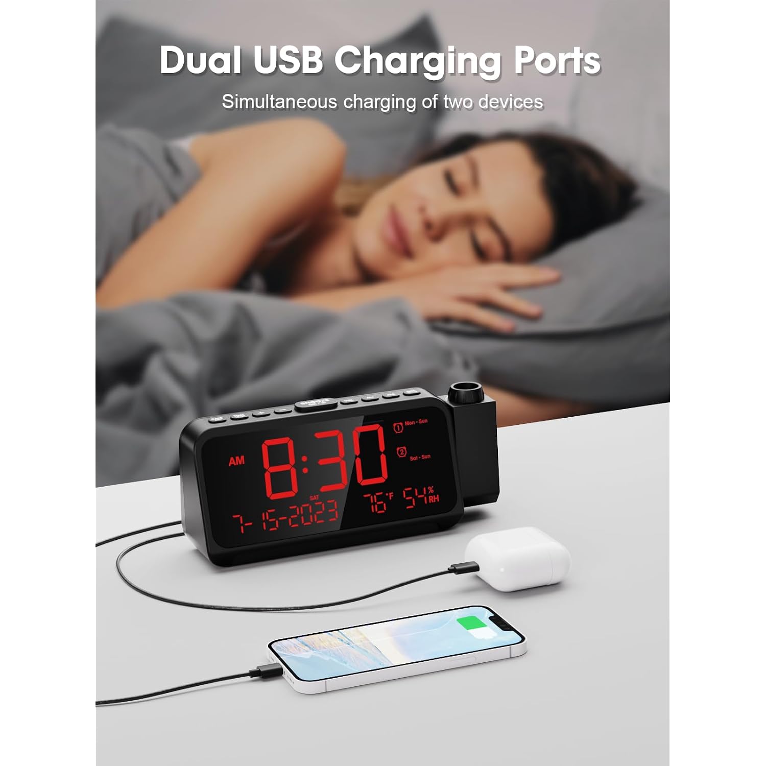 Projection Alarm Clock With 180° Ceiling Projector & Digital Display | 5-Level Dimmer, Dual Alarms, Night Light, Temp & Humidity Display, Weekday/Weekend Mode, Dst, Snooze Function For Bedroom
