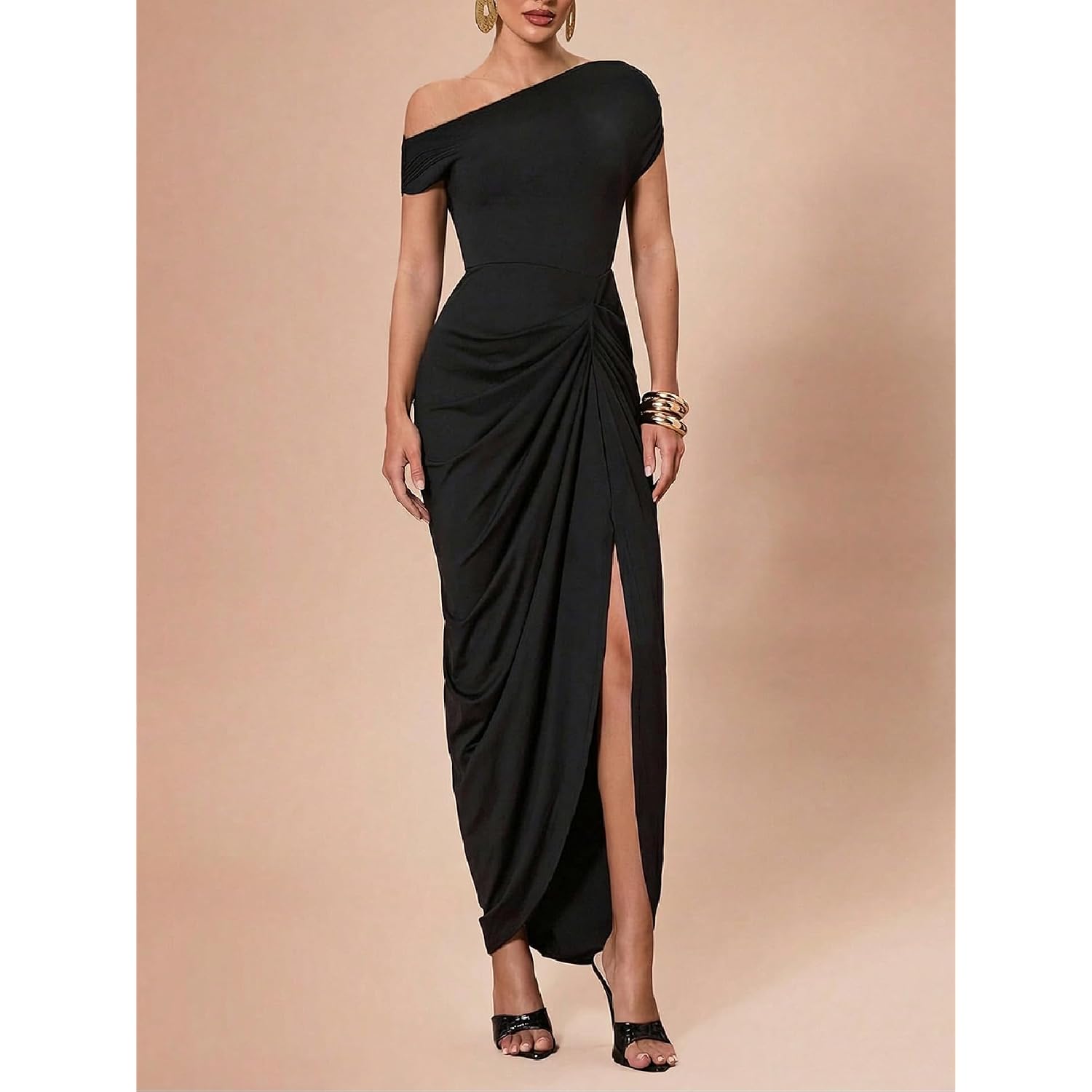 Floerns Women'S Elegant Long Dress Asymmetrical Off Shoulder Ruched Slit Bodycon Cocktail Dresses