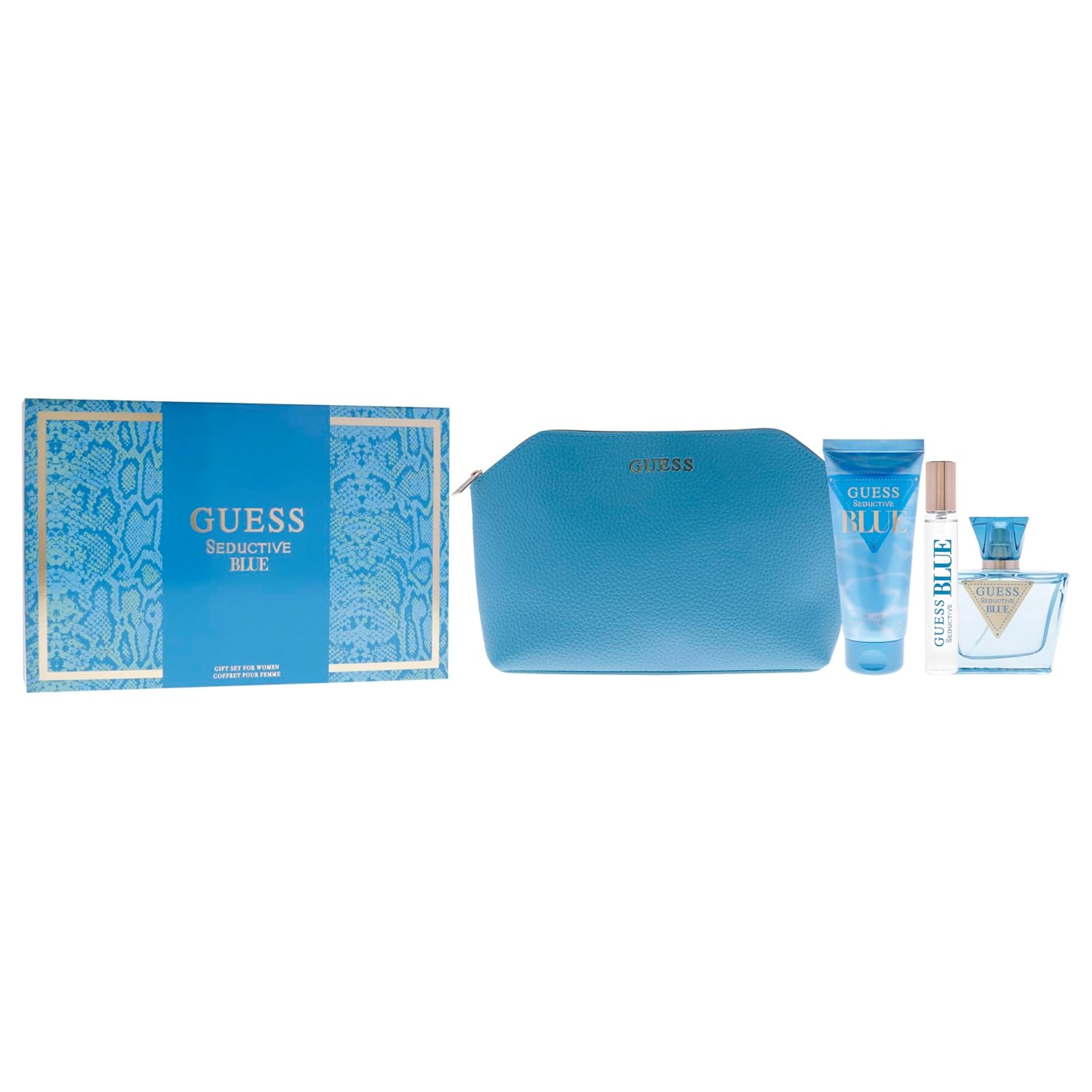 Guess Seductive Blue by Guess for Women - 4 Pc Gift Set 2.5oz EDT Spray, 3.4oz Body Lotion, 0.5oz EDT Spray, Pouch