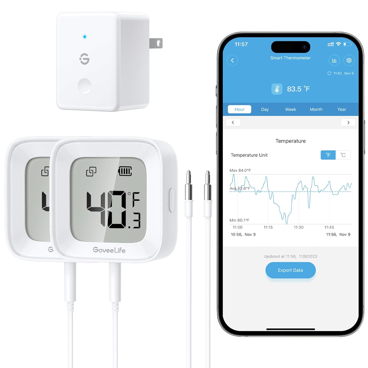 Goveelife Wifi Refrigerator Thermometer 2-Pack With Gateway & Lcd Display | Freezer Alarm Fridge Monitor With App Alerts & Anti-False, 197Ft Range, 2-Yr Data Export. For Freezer/Fish Tank/Hot Tub