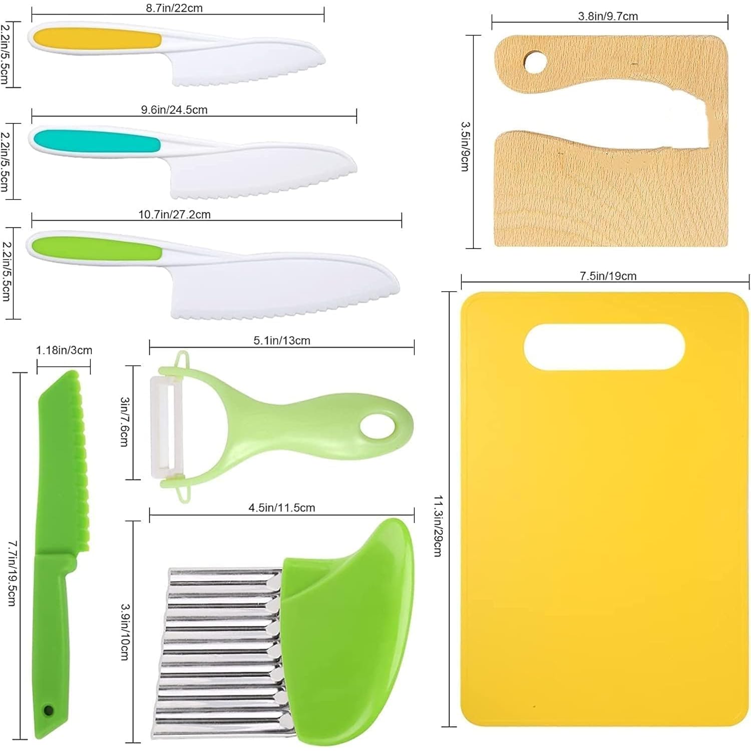 Leking 8 Pcs Wooden Kitchen Knife Set For Kids - Includes Safe Knives, Serrated Plastic Knives, Potato Slicers, Sandwich Cutter, Peeler And Cutting Board