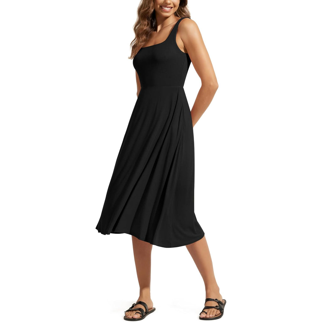 Ododos Square Neck Midi Dress With Pockets For Women Summer Casual Sleeveless Sundress Flare Tank Dress