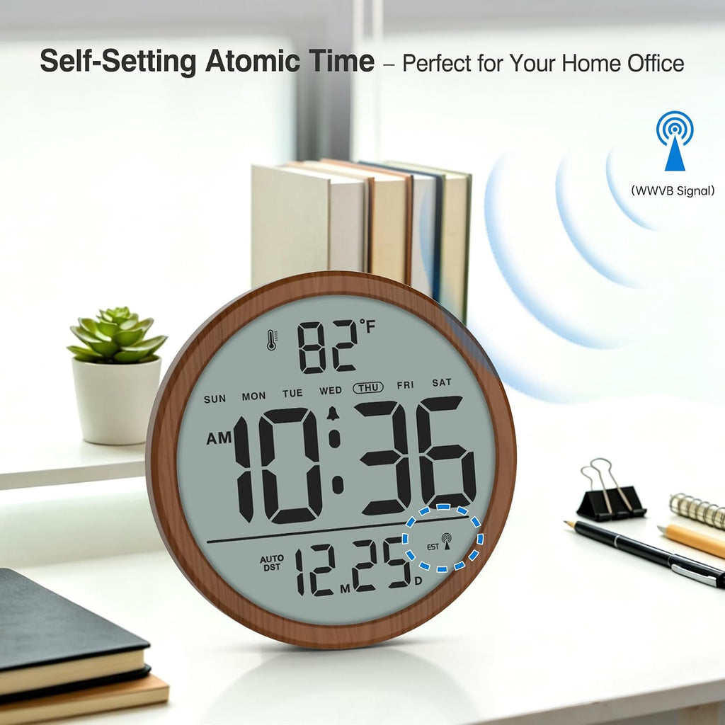 Atomic Wall Clock - Never Needs Setting, Digital Wall Clock Battery Operated With Date, Temp, Dst, Self-Setting Time, Easy To Read 8 Inch Display For Bedroom, Living Room, Home, Office