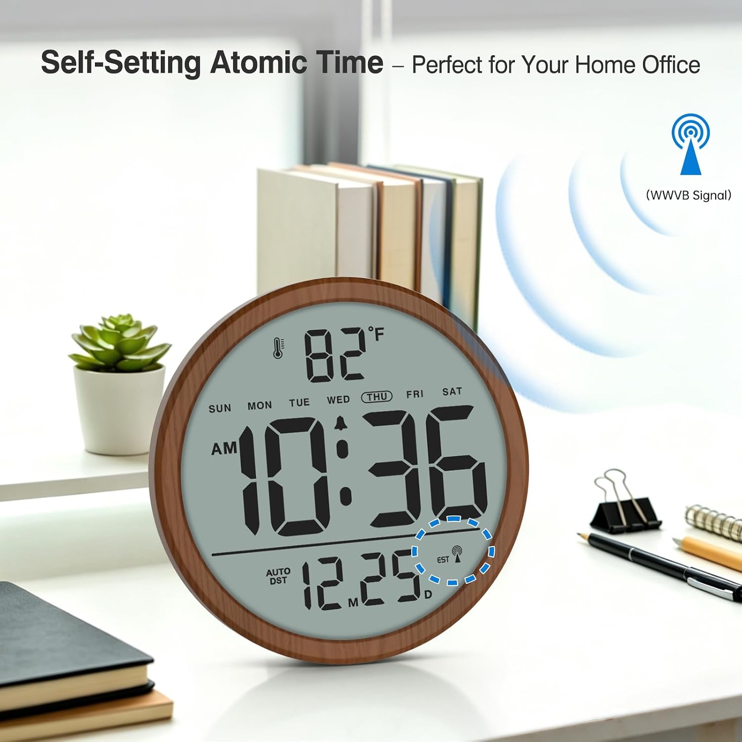 Atomic Wall Clock - Never Needs Setting, Digital Wall Clock Battery Operated With Date, Temp, Dst, Self-Setting Time, Easy To Read 8 Inch Display For Bedroom, Living Room, Home, Office