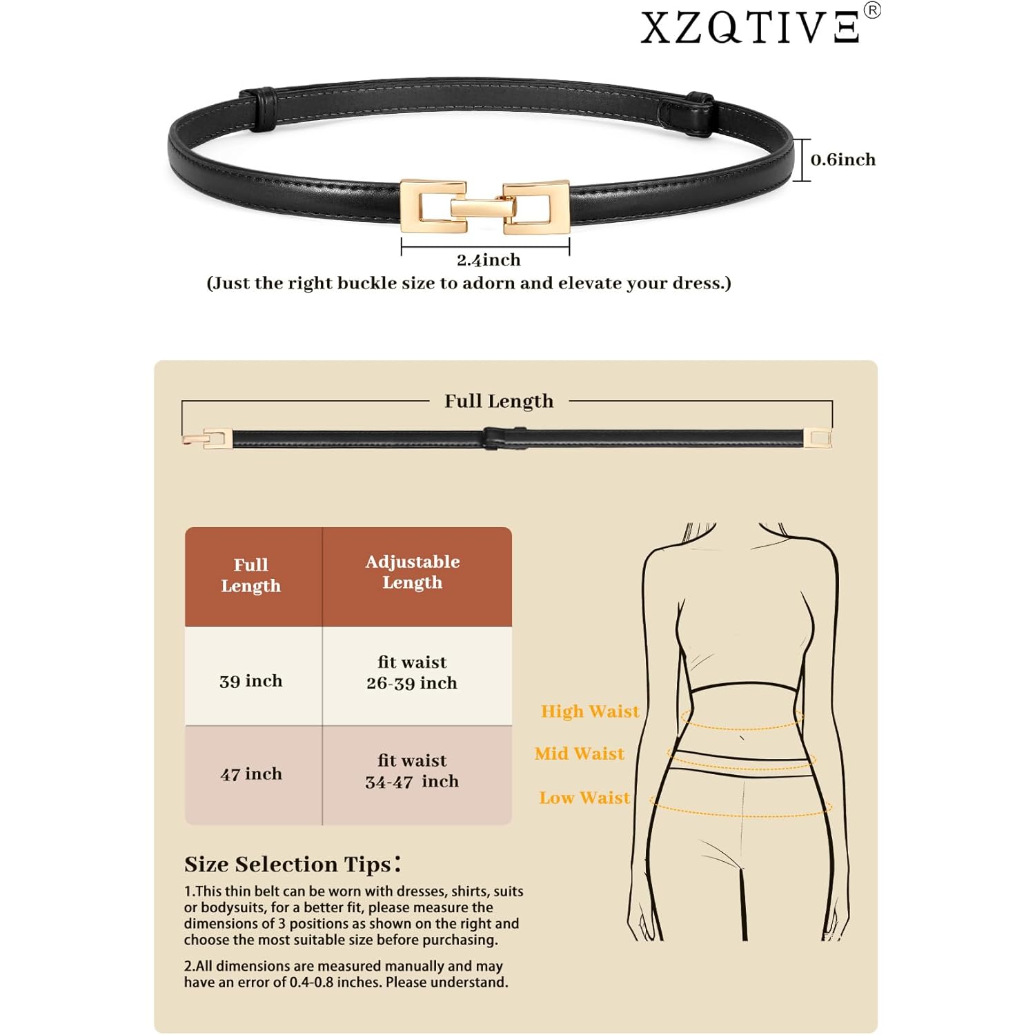 XZQTIVE Women's Thin Leather Belt – Adjustable Casual Office Belt for Dresses Jeans Pants – Gold Buckle, Multi-Color