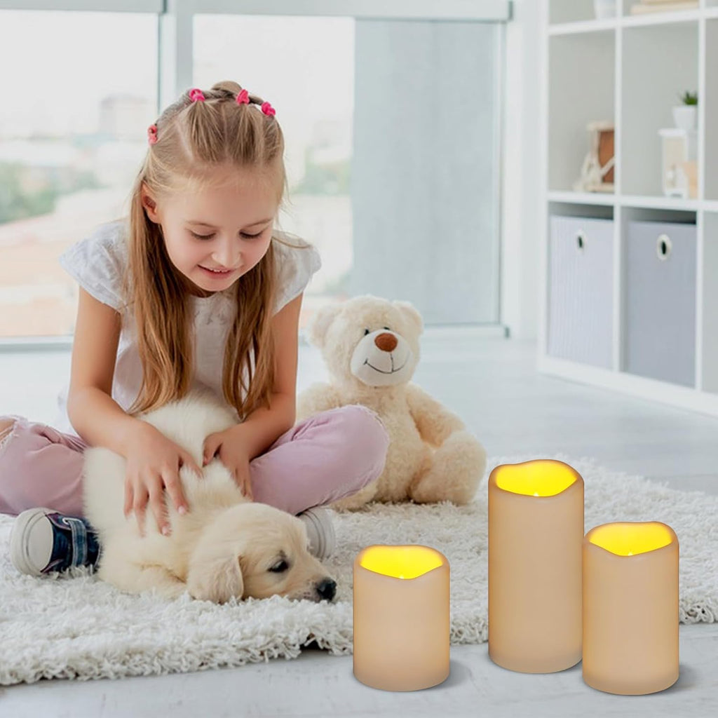 Flameless Candles 4" 5" 6" Outdoor Indoor Pillars Battery Operated Flickering Candles Include 10-Key Remote Timer 400+ Hours By 2 Aa Batteries (Ivory Candle - Warm Light, 3"D X 4"|5"|6" H - 3 Pack)
