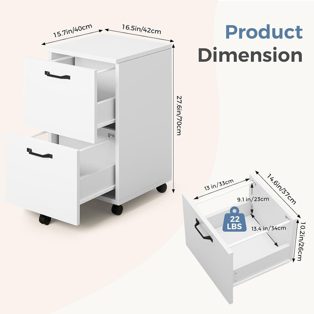Dumos 2 Drawer Filing Cabinet, Rolling Under Desk Storage, White | Not For Hanging File Folders, Printer Stand, Lockable Wheels, Mobile Wood Home Office Organizer