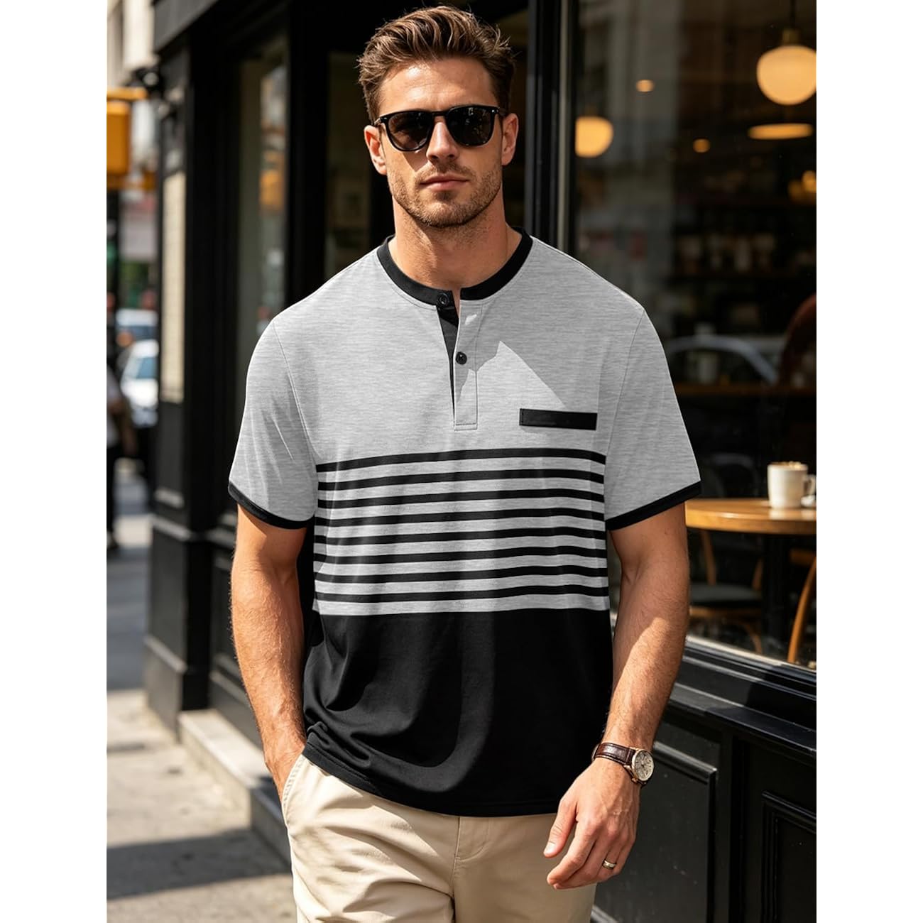Mens T-Shirts Short Sleeve Button Casual Stylish Basic Tees Work Striped Shirts Henley Summer Lightweight Stretch Top