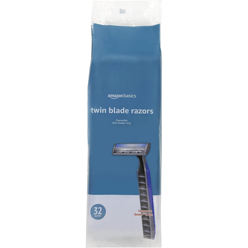 Amazon Basics Twin Blade Pivoting Disposable Razors with Rubber Grip for Great Grip When Wet, Travel-Friendly, 32 Count, 1-Pack (Previously Solimo)