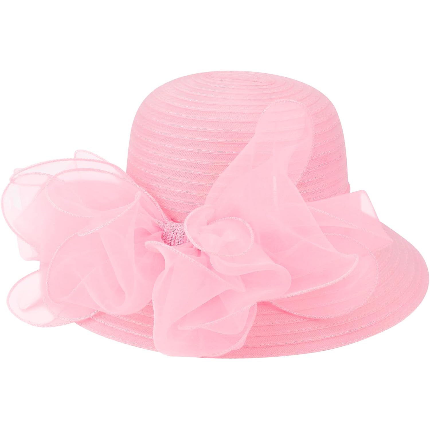 DRESHOW Lady Derby Dress Church Bowler Cloche Hat Bowknot Organza Bridal Cap for Wedding 1 Pack Bowler Hat: Pink