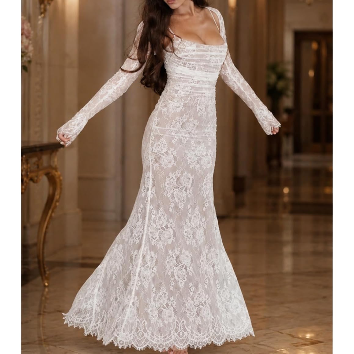 Women Vintage Cream Lace Maxi Dress Romantic Long Sleevees Lace Bodycon Dress