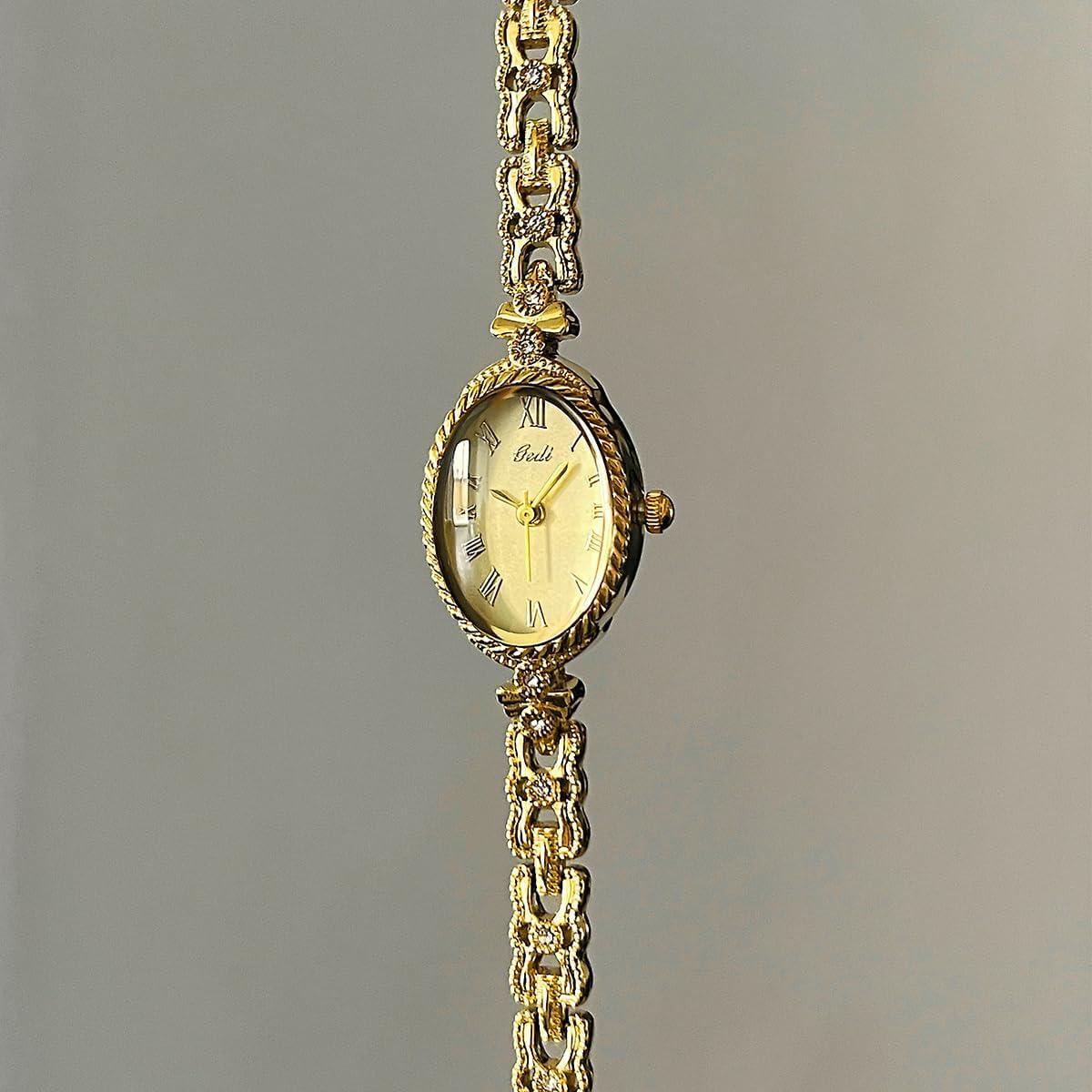 Gosasa Small Gold Watches For Women Vintage Dainty Oval Roman Numeral Dial Analog Slim Bracelet Alloy Band Water Resistant Dress Wrist Watch Elegant Gift